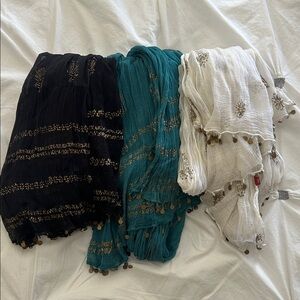 Black, Teal, and White Embroidered Scarves